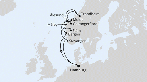 Route Norwegens Fjorde mit Geiranger & Trondheim