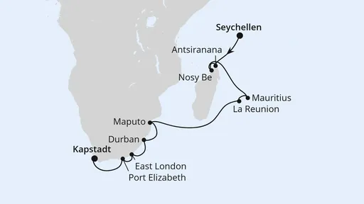 Route Silvesterreise Seychellen, Mauritius & Südafrika