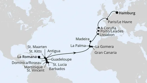 Route Von der Dominikanischen Republik nach Hamburg