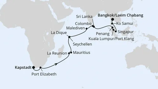 Route Von Kapstadt über Mauritius nach Bangkok