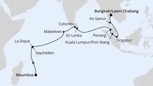 Route Von Mauritius über die Seychellen nach Bangkok