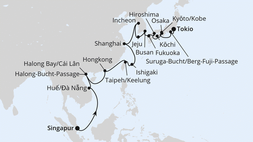 Route Von Singapur über Vietnam & Südkorea nach Tokio