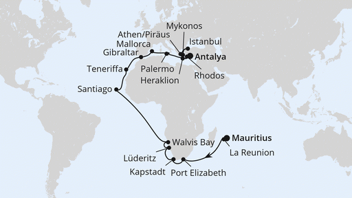 Route Weltenbummler von Mauritius nach Antalya