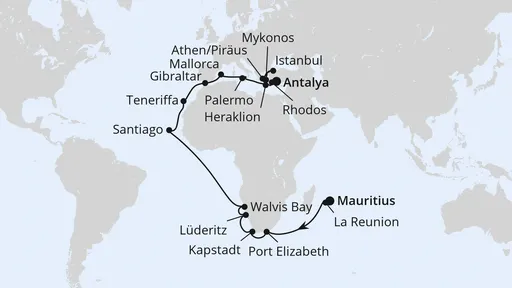 Route Weltenbummler von Mauritius nach Antalya