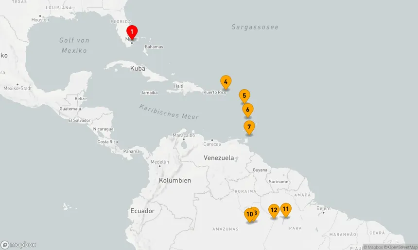 Route 12 Nächte - Amazonas-Magie: Von den Karibikinseln zum Regenwaldwunder
