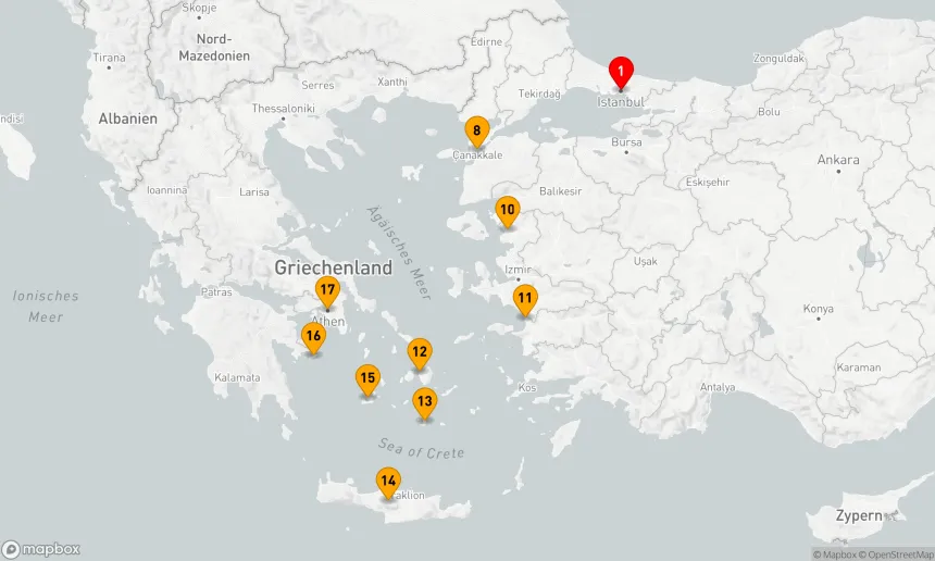 Route 16 Nächte - Antike Reiche: Türkei, Istanbul & Athen - Kreuzfahrt & Landreise