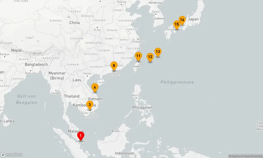 Route 15 Nächte - ASIEN-KOMBINATIONSKREUZFAHRT: HO-CHI-MINH-STADT, HONGKONG & KOBE