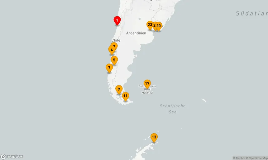 Route 23 Nächte - CHILE, ANTARKTIS & FALKLANDINSELN KOMBINIERTE KREUZFAHRT: CHILENISCHE FJORDE, USHUAIA & MONTEVIDEO