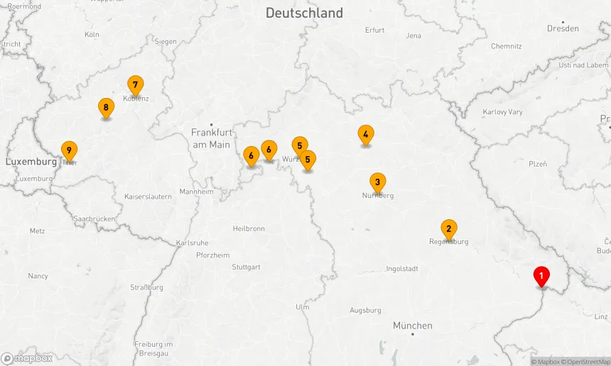 Route 8 Nächte - Deutsche Flusslandschaften von Passau nach Trier