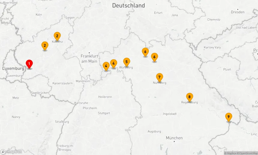 Route 8 Nächte - Deutsche Flusslandschaften von Trier nach Passau