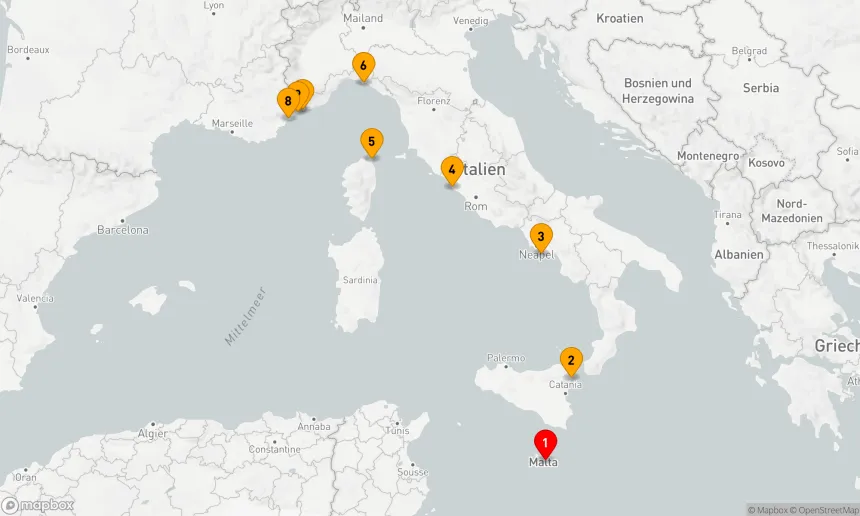Route 8 Nächte - Die Schönheiten Siziliens, Italiens und der Côte d'Azur