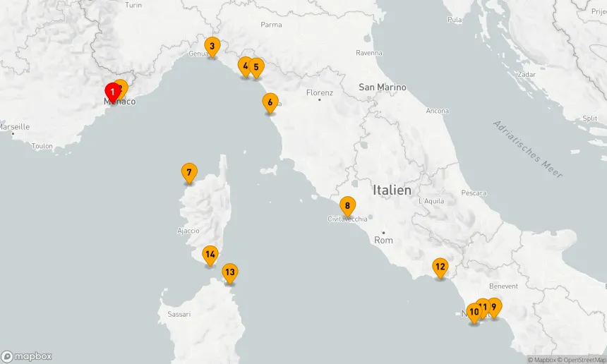 Route 14 Nächte - Entdecken Sie die Schönheiten der französischen und italienischen Küsten