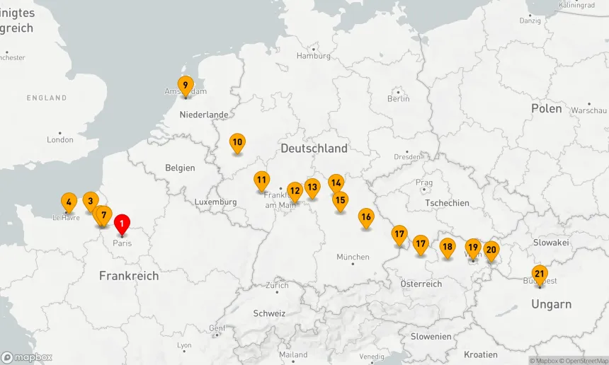 Route 21 Nächte - Entdecken Sie Europa von der Seine bis zur Donau