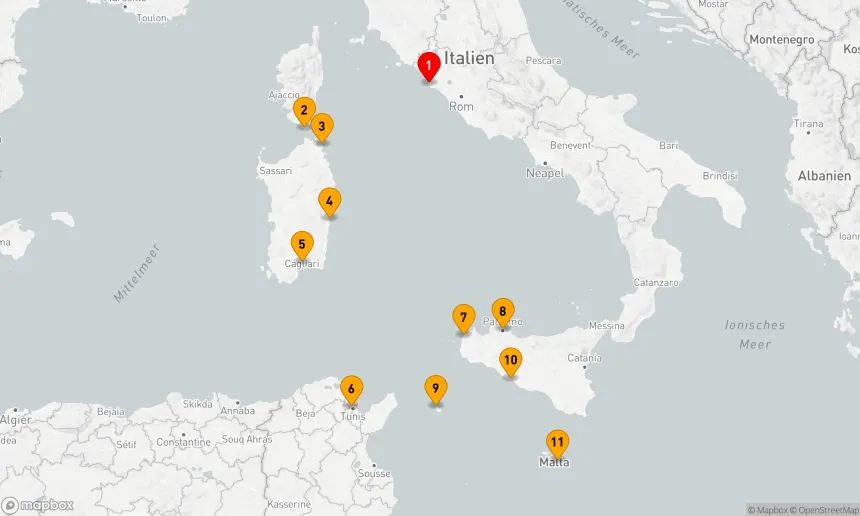 Route 11 Nächte - Gemütliche Inseln im Mittelmeer: Korsika,  Sardinien & Sizilien