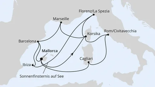 Route Große Mittelmeer-Reise mit Sonnenfinsternis