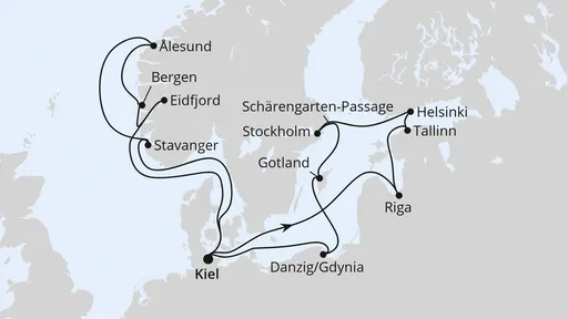 Route Große Ostsee- & Norwegen-Reise ab Kiel