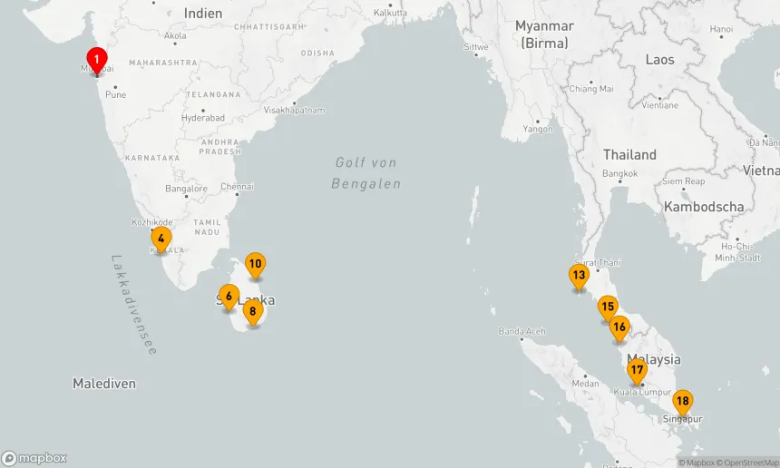 Route 18 Nächte - Indischer Ozean und Asiatische Küsten: Von Mumbai bis zu den Metropolen Asiens