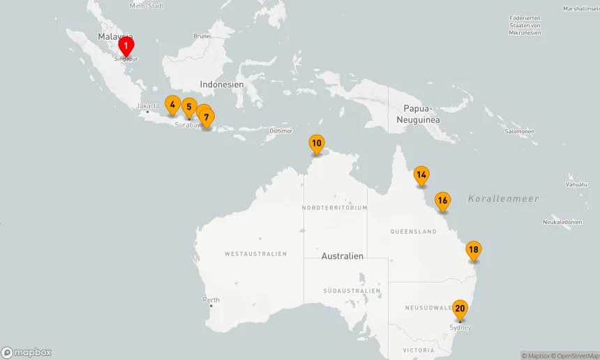 Route 20 Nächte - KOMBINATIONSKREUZFAHRT NACH SINGAPUR, INDONESIEN UND AUSTRALIEN: SINGAPUR, BALI UND SYDNEY
