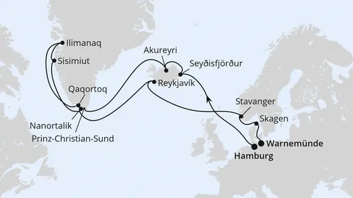 Route Island & Grönland von  Hamburg nach Warnemünde
