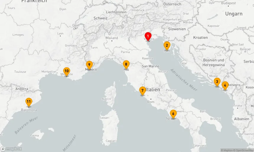 Route 10 Nächte - ITALIEN,  KROATIEN & FRANKREICH KREUZFAHRT: VENEDIG,  DUBROVNIK & NIZZA