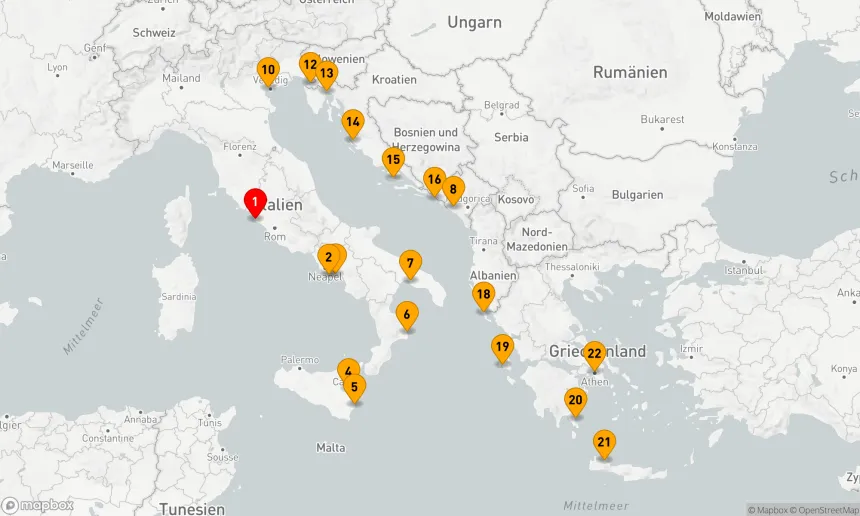 Route 21 Nächte - ITALIEN, KROATIEN & GRIECHENLAND KOMBINIERTE KREUZFAHRT: SORRENTO, DUBROVNIK & ATHEN