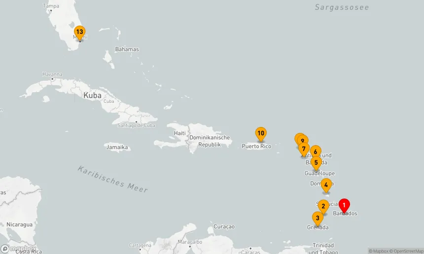 Route 12 Nächte - Karibische Eleganz: Entdeckungen von Barbados bis Florida