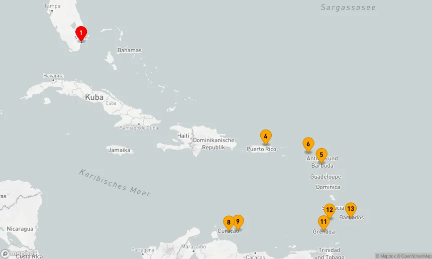 Route 12 Nächte - Karibische Inselzauber: Von Miami nach Barbados