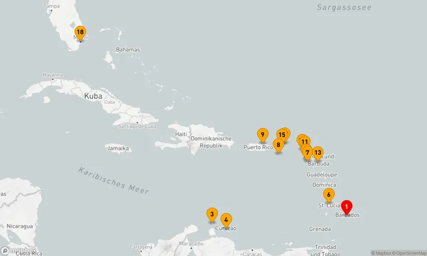 Route 17 Nächte - KARIBIK-KOMBINATIONSKREUZFAHRT: BARBADOS, ARUBA & ST. BARTS