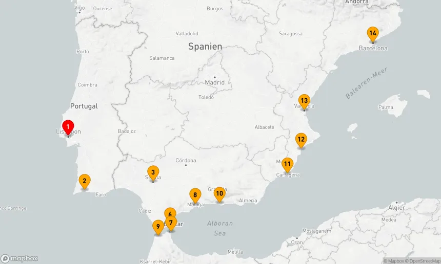 Route 14 Nächte - IBERISCHE HALBINSEL KOMBINIERTE KREUZFAHRT: LISSABON, SEVILLA & VALENCIA