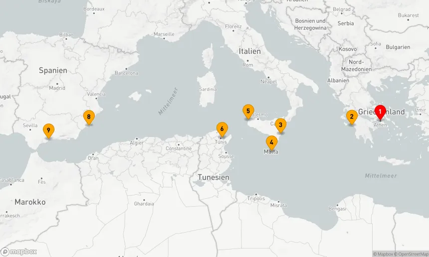 Route 8 Nächte - KREUZFAHRT GRIECHENLAND, ITALIEN & SPANIEN: ATHEN, SIRACUSA & MALAGA
