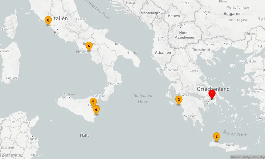 Route 7 Nächte - KREUZFAHRT GRIECHENLAND & ITALIEN: OLYMPIA, CATANIA & AMALFIKÜSTE (SALERNO)
