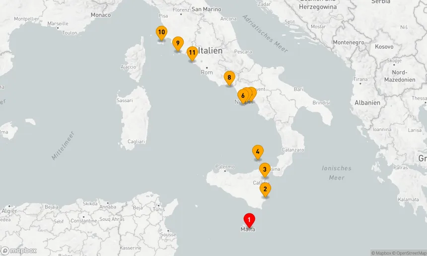 Route 10 Nächte - Kreuzfahrt von Sizilien nach Elba über die Amalfiküste