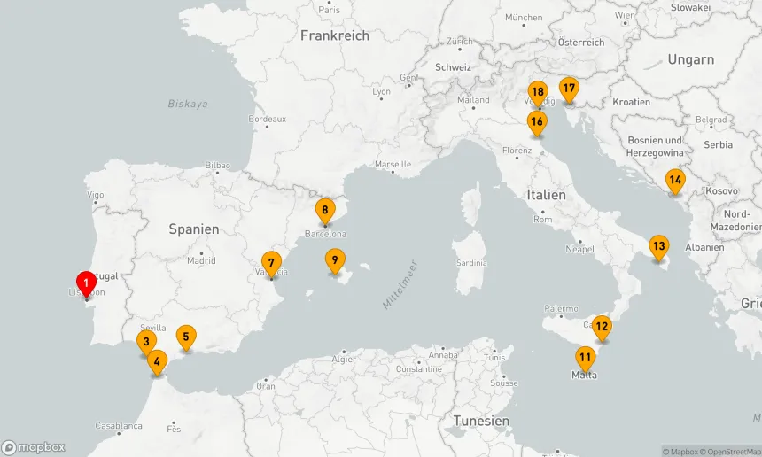 Route 17 Nächte - Märchenhafte Mittelmeerkulisse: Von Lissabon nach Venedig