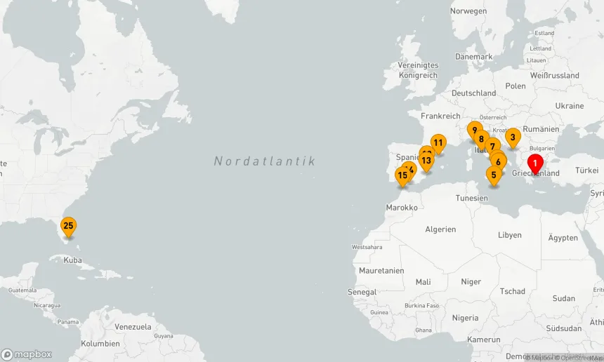 Route 24 Nächte - MEDITERRANE KULTURKREUZFAHRT: GRIECHENLAND, ITALIEN, SPANIEN