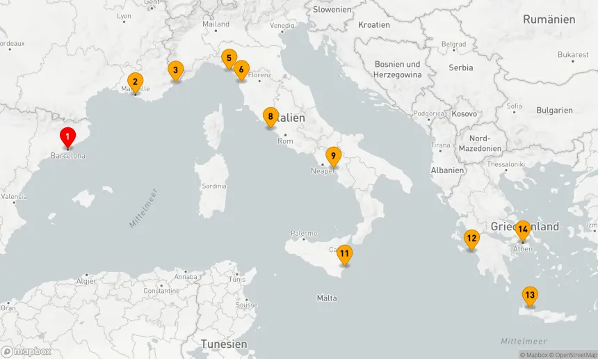 Route 14 Nächte - MITTELMEER-KOMBINATIONSKREUZFAHRT: NIZZA, LA SPEZIA & ATHEN