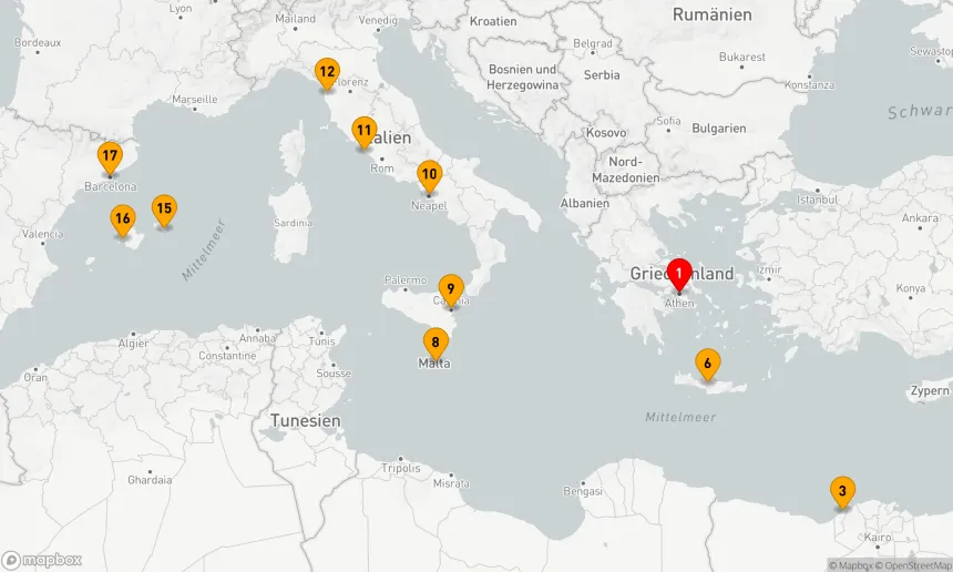 Route 17 Nächte - MITTELMEER-KOMBIKREUZFAHRT: ATHEN, FLORENZ & BARCELONA