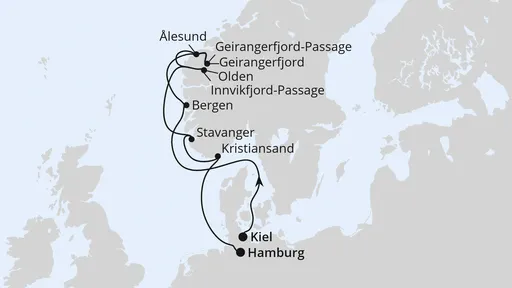 Route Norwegens Fjord-Weltnaturerbe ab Kiel