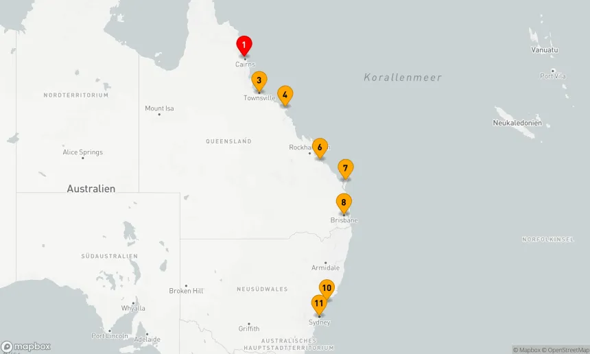 Route 10 Nächte - OSTAUSTRALIEN INTENSIV KREUZFAHRT: CAIRNS, GROSSES BARRIEREEEF & BRISBANE
