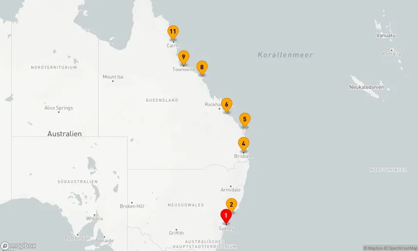 Route 10 Nächte - OSTAUSTRALIEN-INTENSIVKREUZFAHRT: SYDNEY, BRISBANE & GREAT BARRIER REEF