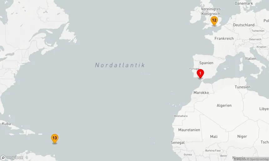 Route 12 Nächte - Ozean-Kreuzfahrt: Cadiz - Fort de France