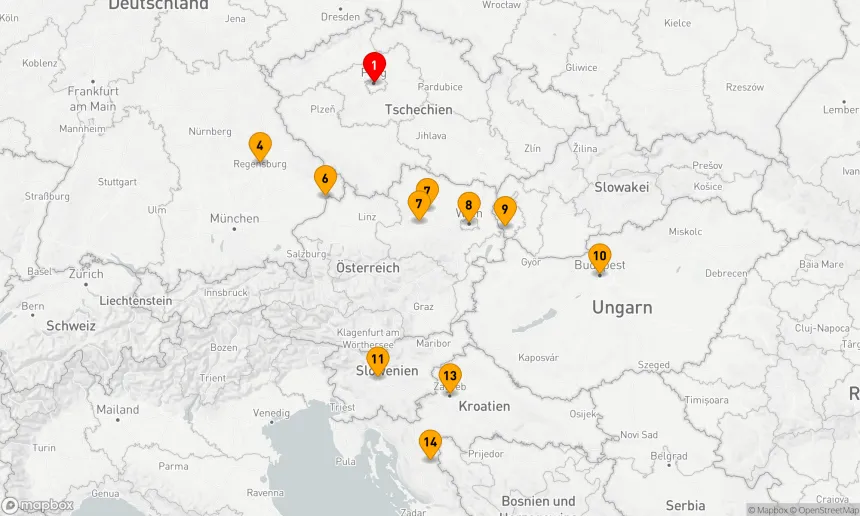Route 14 Nächte - Perlen der Donau mit Prag,  Ljubljana und Zagreb