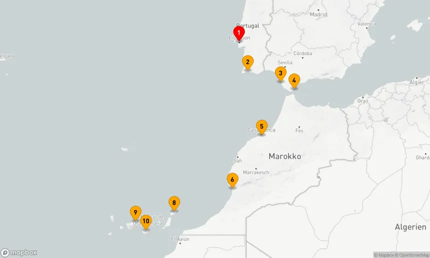 Route 9 Nächte - MITTELMEER-URLAUBSKREUZFAHRT: LISSABON, CASABLANCA & TENERIFFA