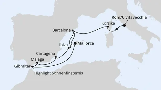 Route Sonnenfinsternis im Mittelmeer ab Civitavecchia