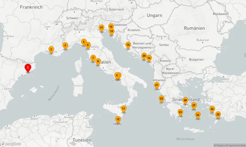 Route 27 Nächte - SPANIEN, FRANKREICH & ITALIEN KOMBINIERTE KREUZFAHRT: BARCELONA, NICE & PORTOVENERE