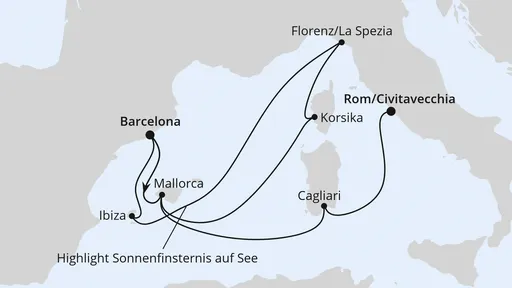 Route Spanien, Frankreich & Italien mit Sonnenfinsternis