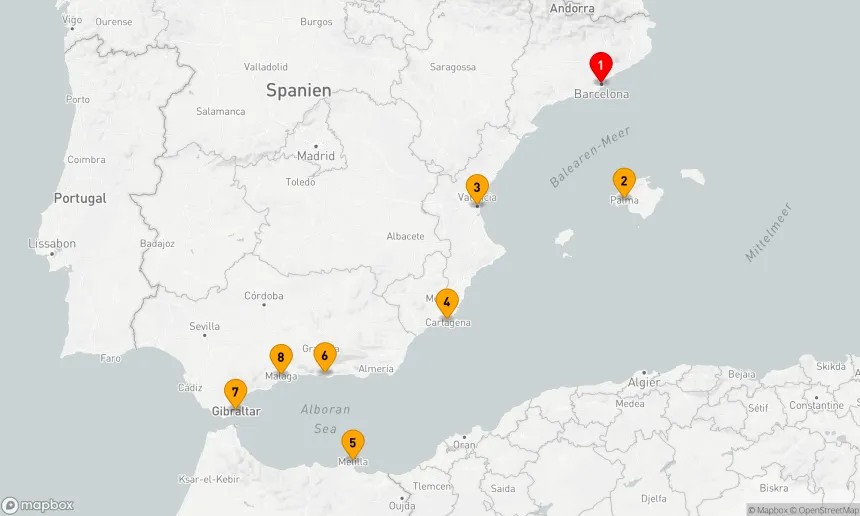 Route 7 Nächte - SPANIEN INTENSIV KREUZFAHRT: BARCELONA, VALENCIA & MALAGA