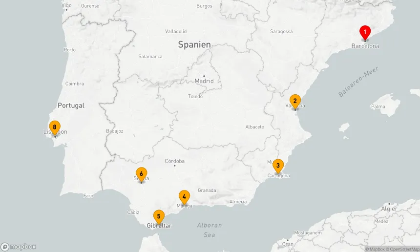 Route 8 Nächte - SPANIEN & PORTUGAL KREUZFAHRT: BARCELONA, SEVILLA & LISSABON