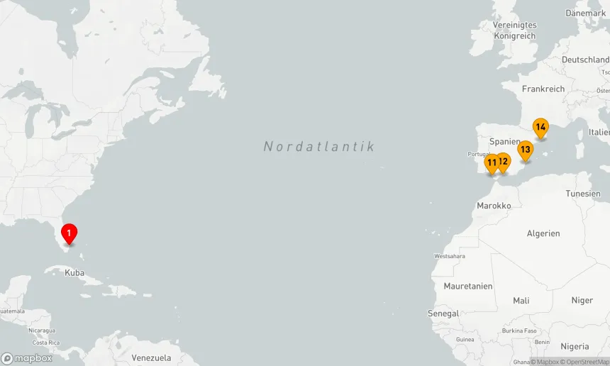 Route 14 Nächte - SPANISCHE TRANSATLANTISCHE KREUZFAHRT