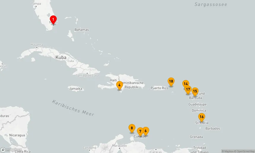 Route 20 Nächte - SÜDLICHE & ÖSTLICHE KARIBIK: ABC & LEEWARD ISLANDS