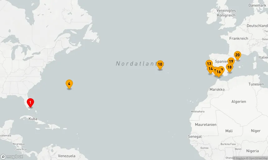Route 19 Nächte - TRANSATLANTISCHE KOMBINATIONSKREUZFAHRT: MIAMI BIS BARCELONA